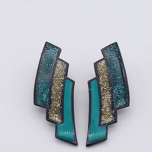 80s Panel Blue & Silver Glitter Enamel Earrings